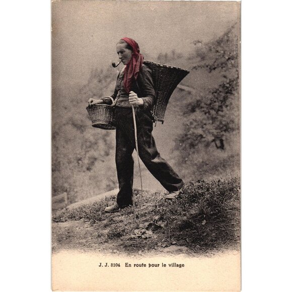 Vintage Postcard J J 8104 En Route Pour Le Village Woman With Baskets Pipe & Sti - Picture 1 of 2